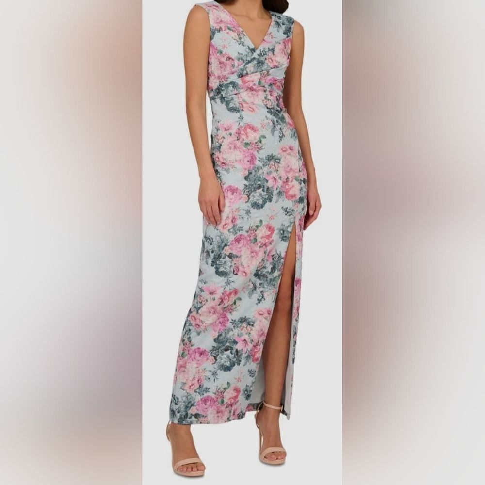 Adrianna Papell Blue/Pink Floral Metallic Jacquard Gown Dress NWT Size 12